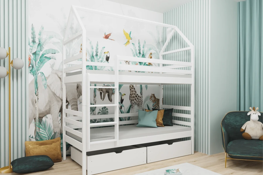 White house-look bunk bed with two sleeping surfaces and practical bed drawers.