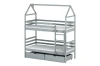 Grey house bunk bed with two drawers for children.