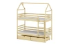 House-shaped bunk bed made of pine wood with two drawers and a ladder for the children's room.