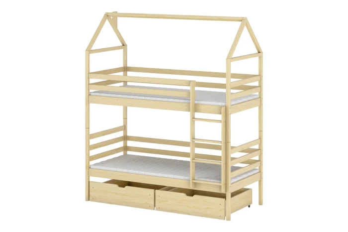 Etagenbett in Hausform aus Kiefernholz mit zwei Schubladen und Leiter für das Kinderzimmer.
