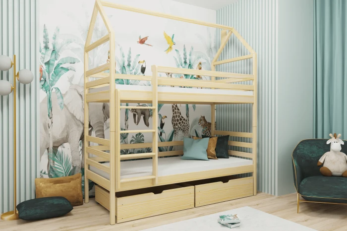 Kinderzimmer-Inspiration: Hausbett Etagenbett im Dschungel-Design mit Tier-Wandbild und Kissen.