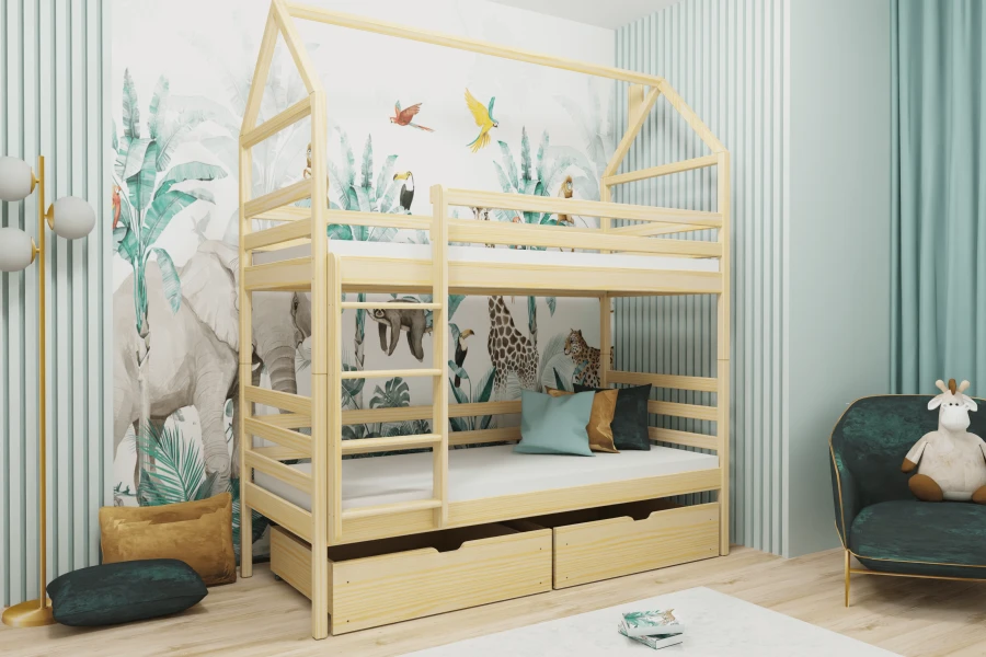 Children's room inspiration: House bunk bed in jungle design with animal mural and cushions.