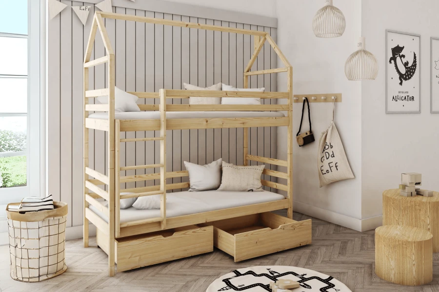Modern wooden house bunk bed in a bright children's room with Scandinavian decoration.