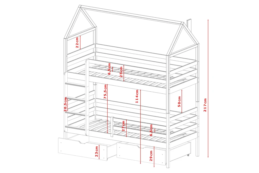 Dimension drawing for house bunk bed: Detailed dimensions of height, ladder and drawers in cm.