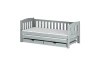 Light grey functional bed for children with a second sleeping area and two bed drawers.