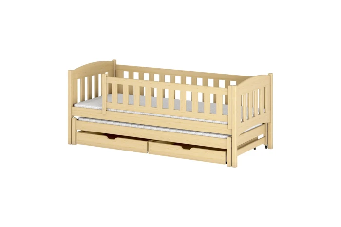 Kinderbett aus Kiefernholz mit Ausziehbett und zwei praktischen Schubladen für zusätzlichen Stauraum.