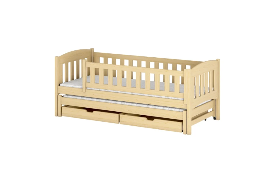 Kinderbett aus Kiefernholz mit Ausziehbett und zwei praktischen Schubladen für zusätzlichen Stauraum.