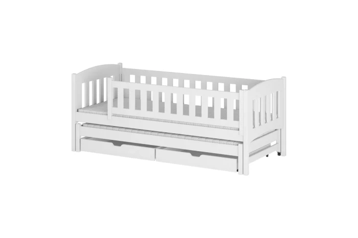 Weißes Funktionsbett aus Massivholz mit Ausziehfunktion und zwei geräumigen Schubladen für das Kinderzimmer.