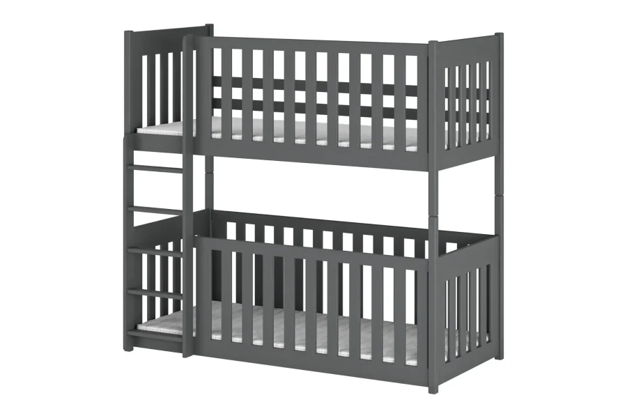 Stabiel stapelbed in grafietgrijs met ladder en hoge uitvalbeveiliging op beide niveaus, modern design.