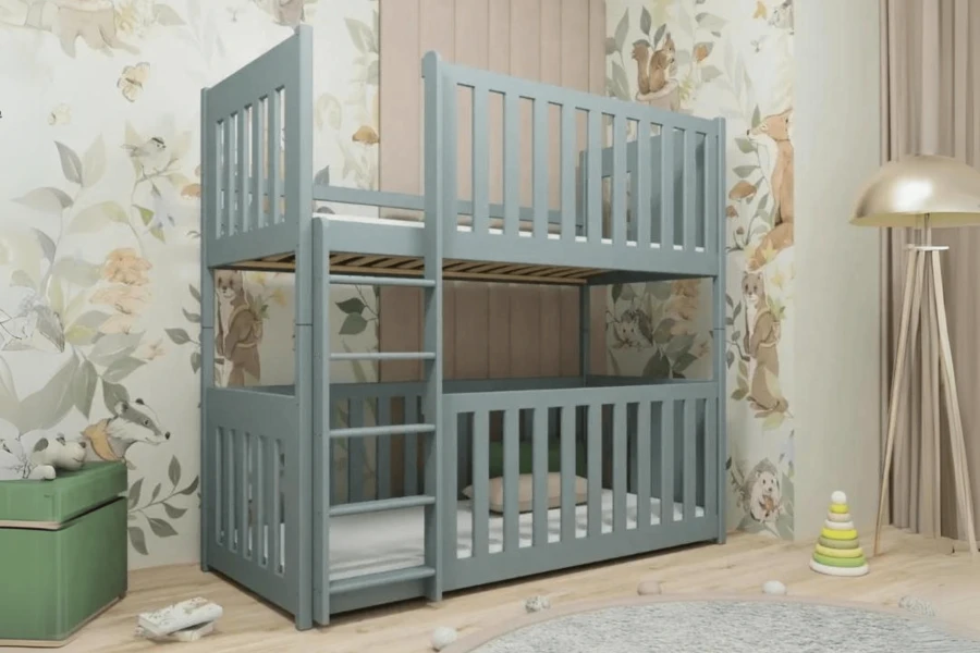 Grijs stapelbed voor kinderen voor een speels behang met bosdieren in de kinderkamer.