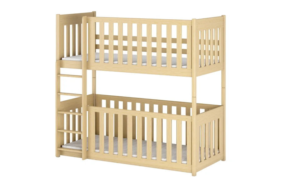 Massief houten stapelbed voor kinderen in natuurlijk grenen met hoge uitvalbeveiliging en ladder.