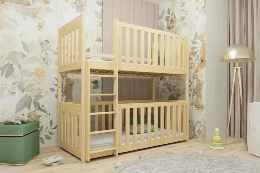 Children's bunk bed made of natural wood in front of playful forest wallpaper in Scandinavian design.