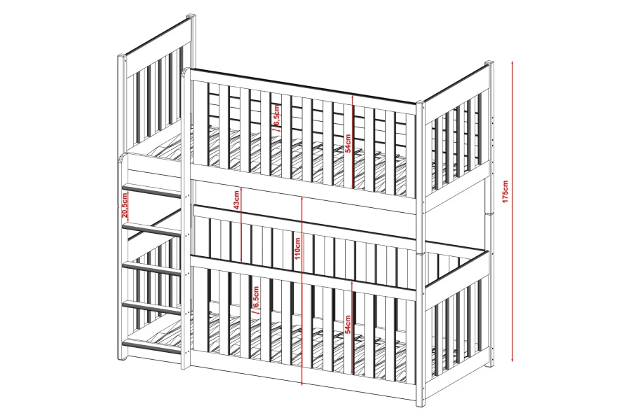 Technical sketch with dimensions for the children's bunk bed: 175 cm height and safety details.