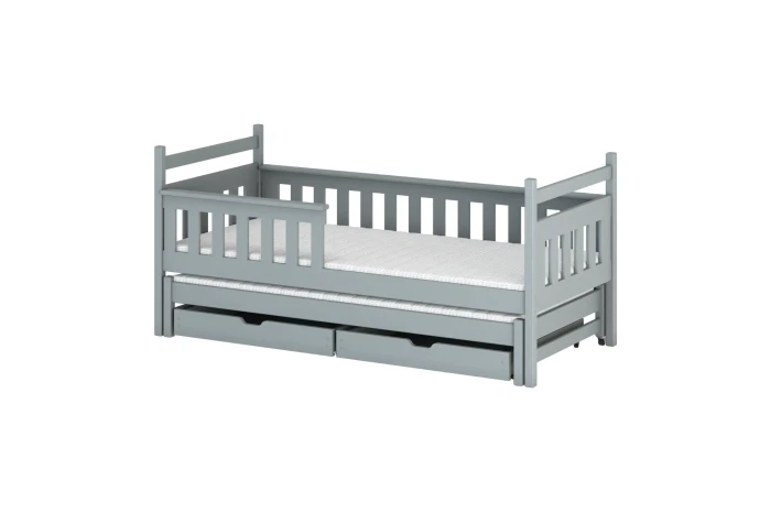 Graues Kinderbett aus Massivholz mit praktischer Ausziehfunktion und zwei integrierten Schubladen.