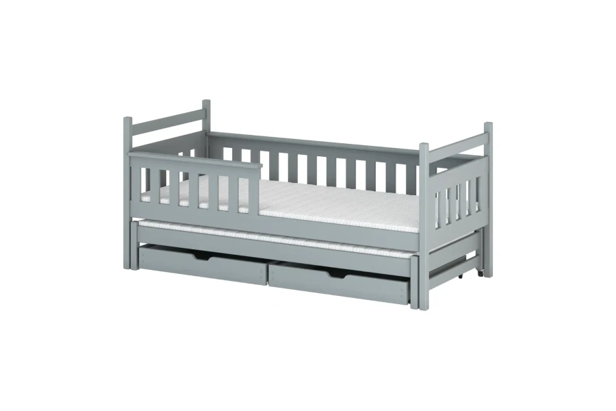 Graues Kinderbett aus Massivholz mit praktischer Ausziehfunktion und zwei integrierten Schubladen.