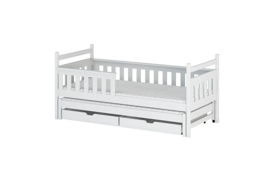 Weißes Funktionsbett für Kinder aus Massivholz mit Gästebett und Stauraumschubladen.