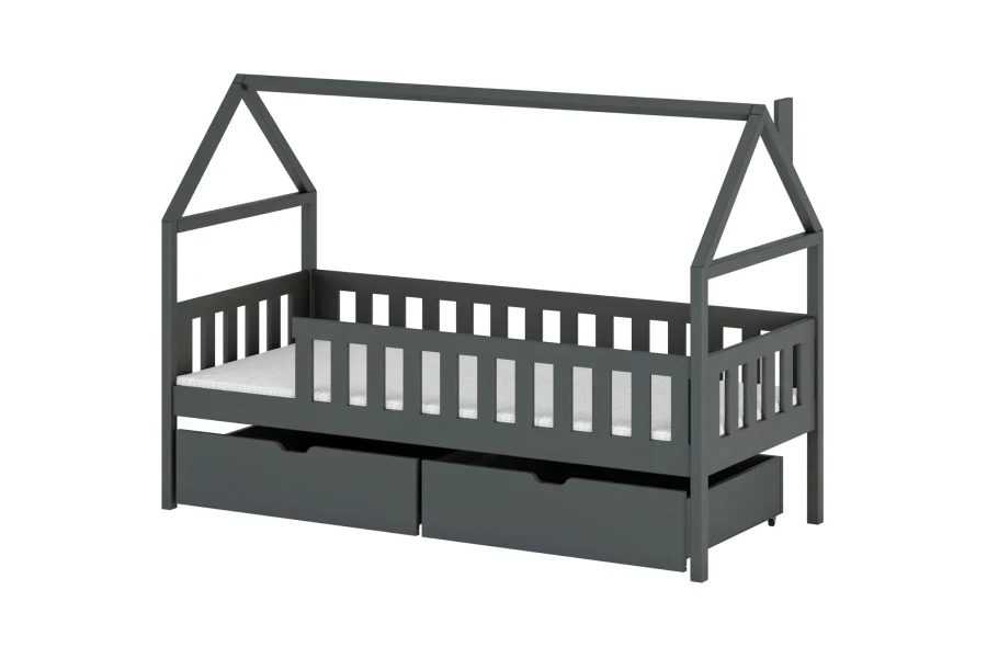 Hausbett für Kinder in Graphit mit zwei Schubladen und Rausfallschutz
