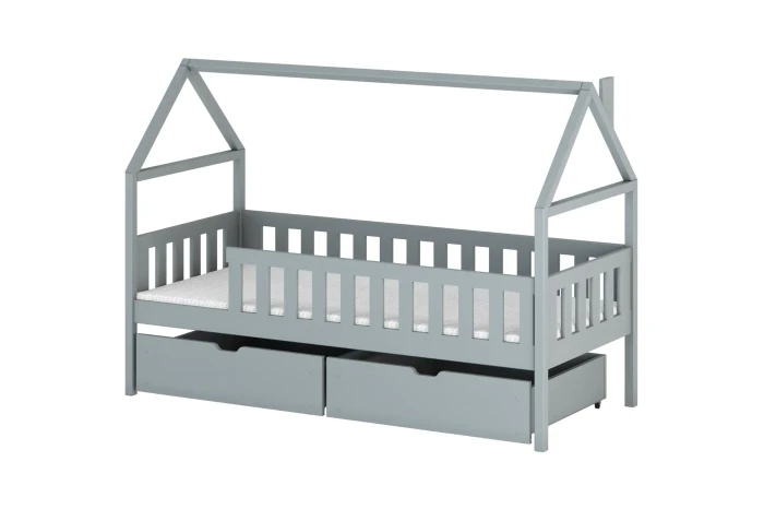 Graues Hausbett für Kinder mit zwei praktischen Schubladen für zusätzlichen Stauraum.