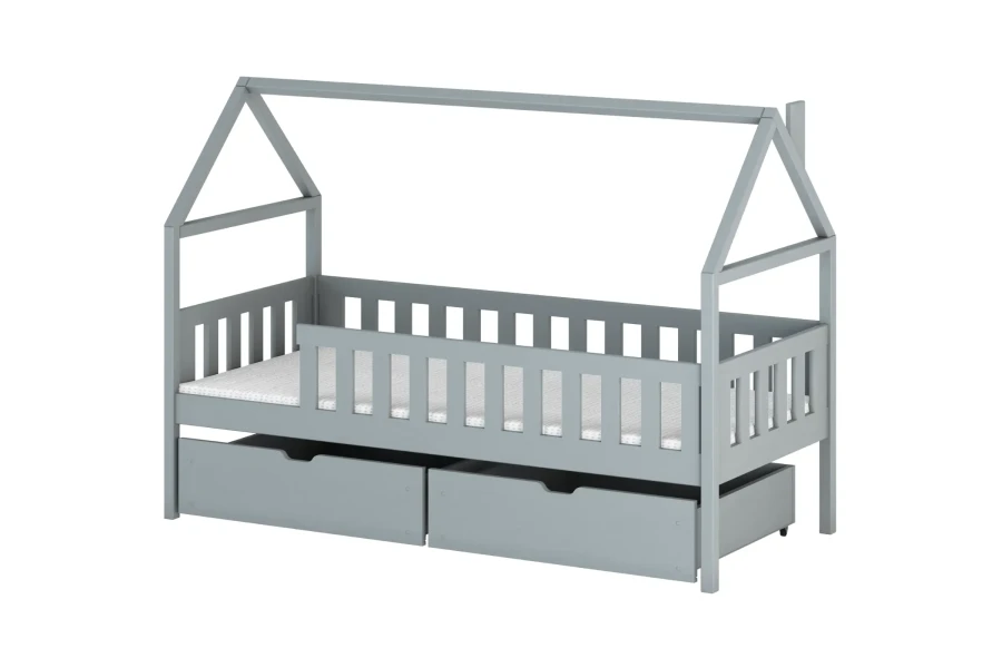 Graues Hausbett für Kinder mit zwei praktischen Schubladen für zusätzlichen Stauraum.