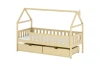 Hausbett aus Naturholz mit Rausfallschutz und zwei Schubladen für das Kinderzimmer.