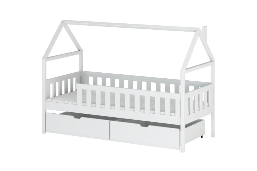 Modernes Hausbett in Weiß für Kinder mit zwei praktischen Schubladen und integriertem Rausfallschutz.