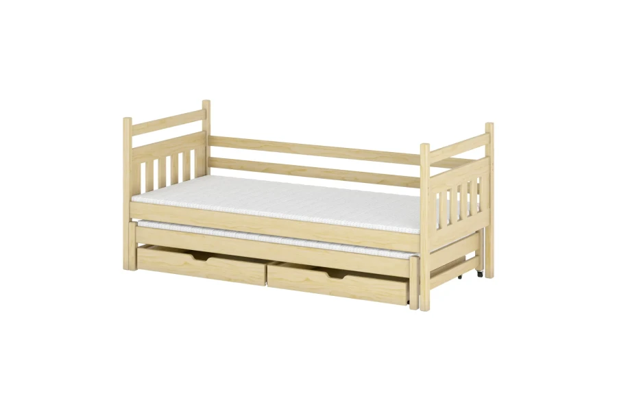 Kinderbett aus massivem Kiefernholz mit ausziehbarem Gästebett und Stauraumschubladen.