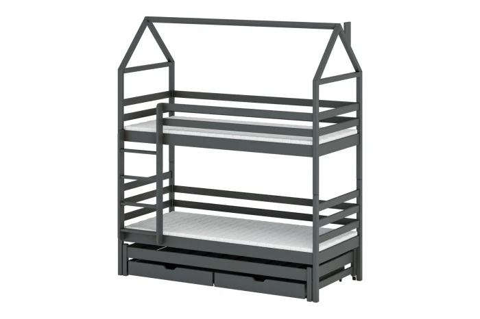 Graues Hausbett Etagenbett für Kinder mit drei Schlafplätzen und Schubladen auf weißem Hintergrund.