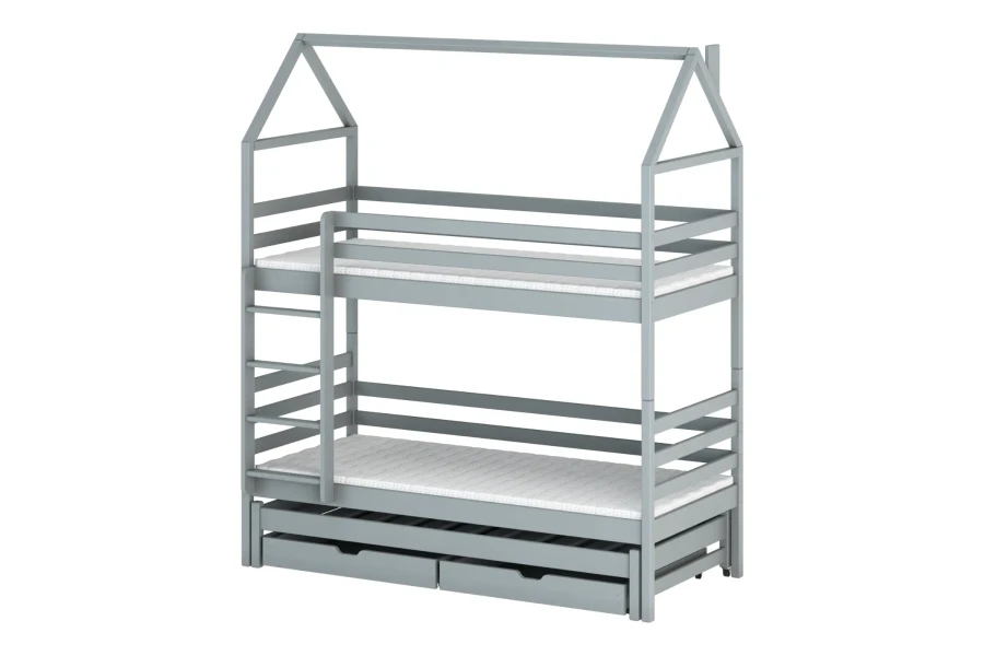 Modernes graues Etagenbett in Hausform mit zwei Liegeflächen und praktischen Bettschubladen.