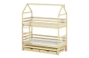 Bunk bed house bed made of pine wood with drawers on a white background.