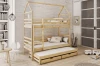 Furnished children's room with house bunk bed and pull-out guest bed.