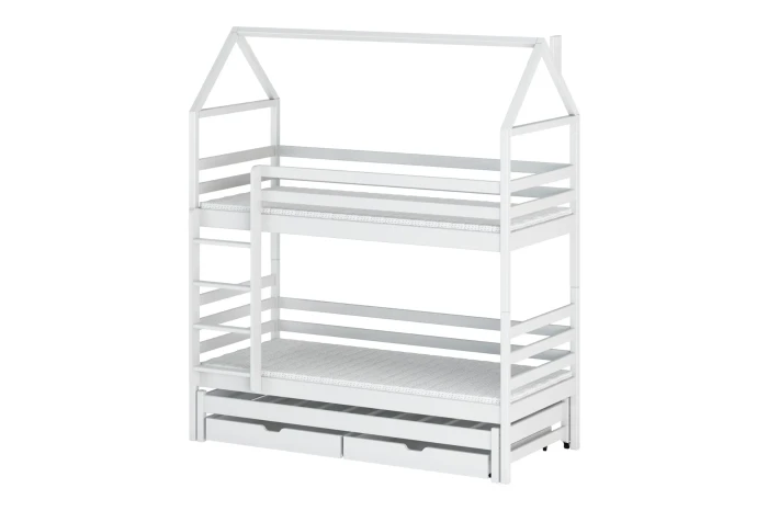 Wit stapelbed in huisvorm met uitvalbeveiliging en praktische laden voor de kinderkamer.