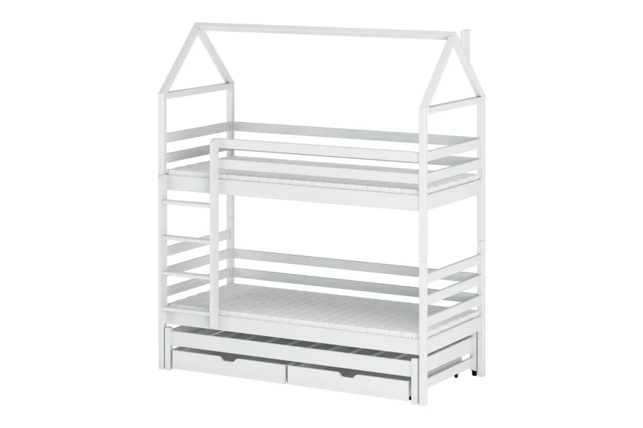 White house-shaped bunk bed with safety guard and practical drawers for the children's room.