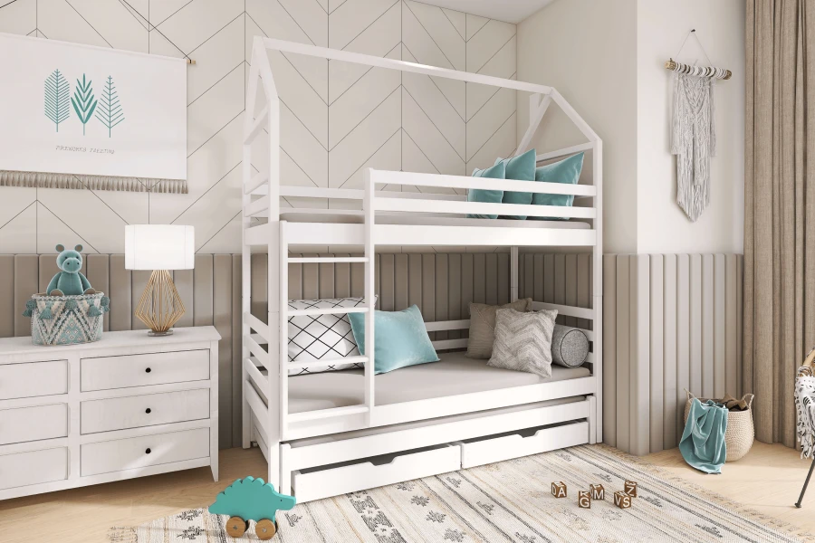 Stylish house bunk bed for children, space-saving decorated with textiles in a bright room.