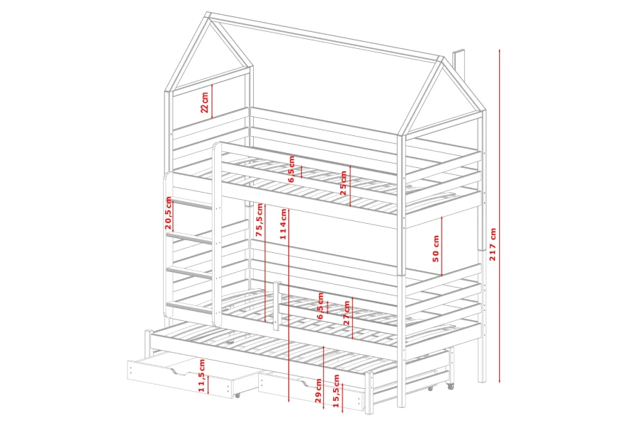 Maatschets voor het witte huisstapelbed met gedetailleerde hoogte- en breedtematen in centimeters.