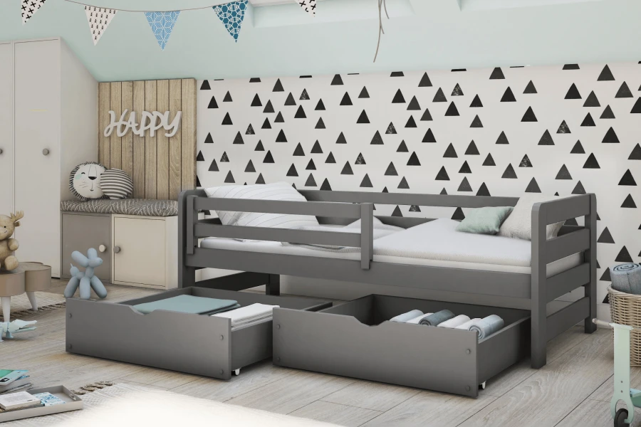 Modernes graues Kinderbett mit zwei großen Schubladen für extra Stauraum im Kinderzimmer.
