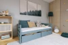 Stilvolles blaues Funktionsbett mit Auszugschubladen in einem Kinderzimmer mit Wald-Thematik.