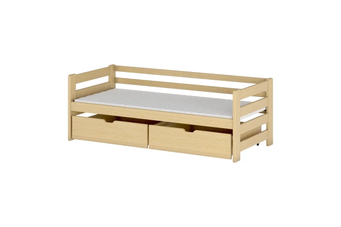 Massivholzbett aus Kiefer natur mit zwei großen Schubladen für zusätzlichen Stauraum im Kinderzimmer.