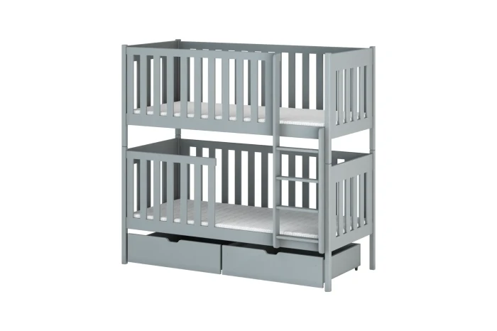 Klassisches graues Stockbett aus Kiefernholz mit Leiter und zwei Schubladen.