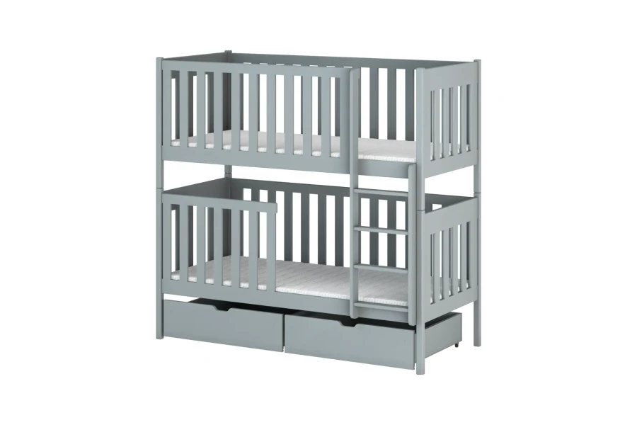 Klassisches graues Stockbett aus Kiefernholz mit Leiter und zwei Schubladen.