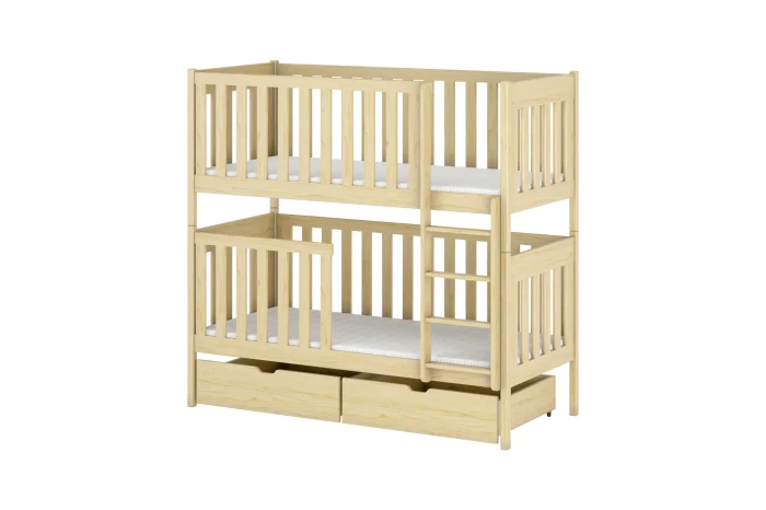 Classic bunk bed made of natural pine wood with two integrated drawers for additional storage space.