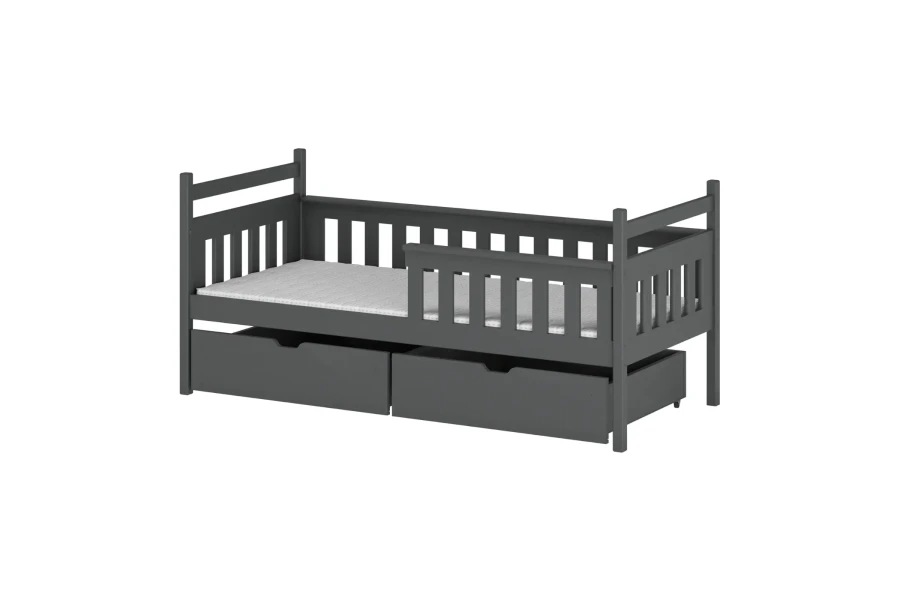Dunkelgraues Kinderbett aus Massivholz mit Sicherheitsgitter und zwei Bettschubladen.