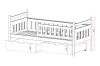 Technische Zeichnung mit Maßen für das Kinderbett inklusive Schubladen und Gitterhöhe.