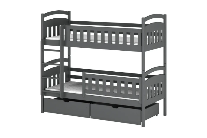 Graues Etagenbett aus Massivholz mit zwei Schubkästen, ideal für platzsparende Kinderzimmereinrichtung.