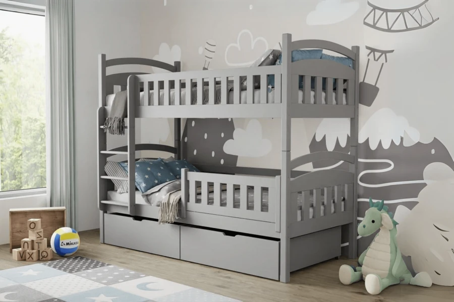 Modernes Stockbett in Grau mit Leiter und Sicherheitsgitter für das Jugendzimmer.
