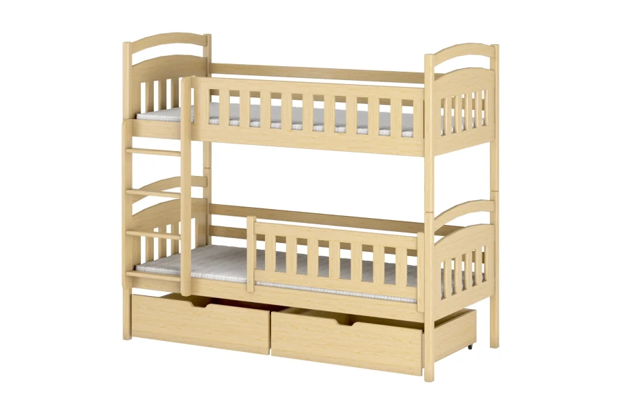Etagenbett aus hellem Kiefernholz mit zwei Schubladen und Leiter für das Kinderzimmer.
