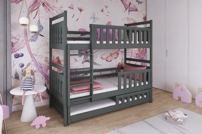 Modernes Kinderzimmer mit grauem Dreier-Stockbett vor floraler Mustertapete.