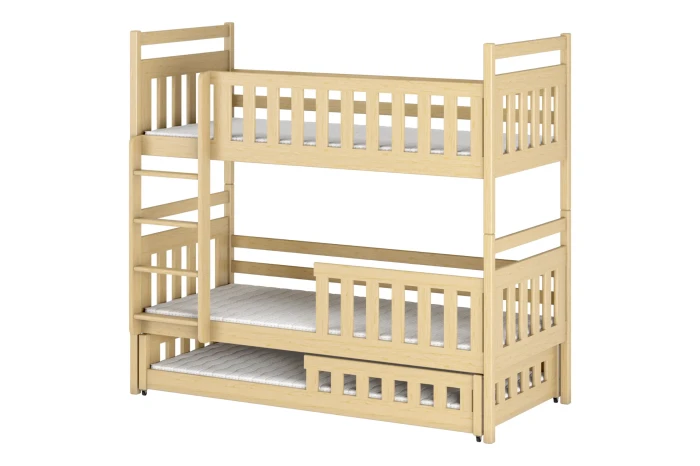 Drie-persoons stapelbed van grenenhout met uitschuifbed en uitvalbeveiliging voor de kinderkamer.