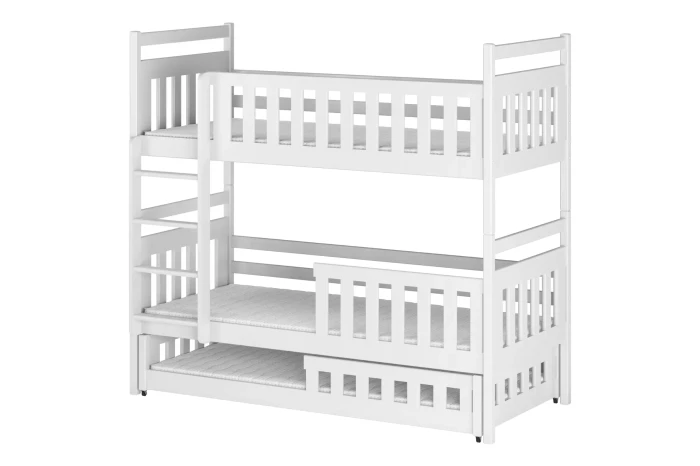 White bunk bed for 3 children with third pull-out bed, robust design for the child's room.