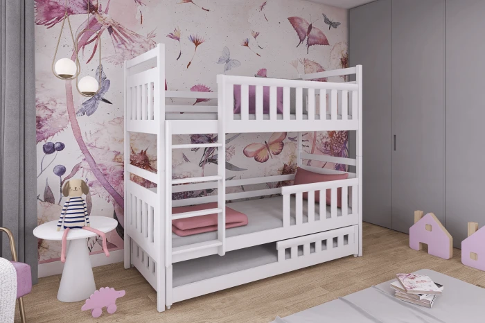 Gemütliches Kinderzimmer mit weißem 3-Personen-Stockbett und floraler Wandgestaltung.