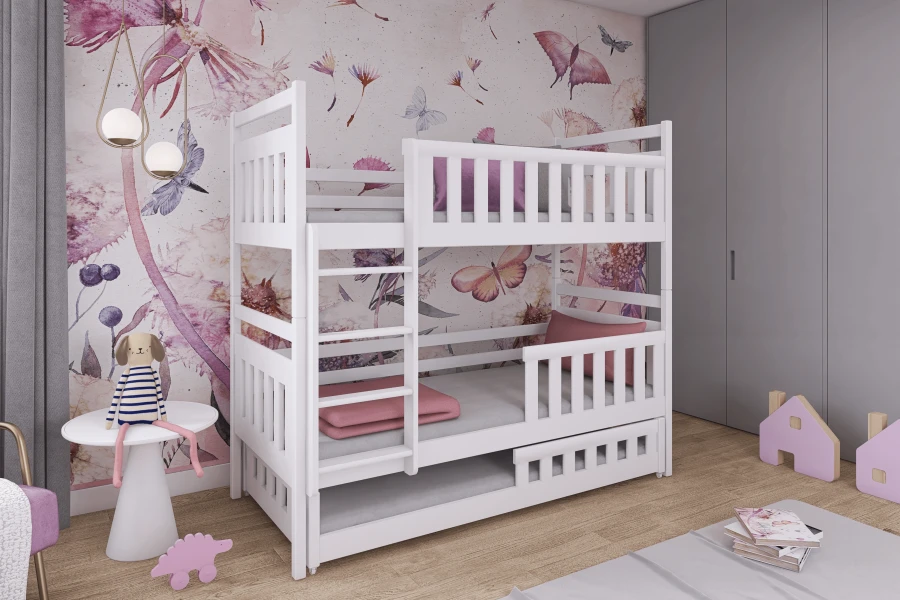Three-person bunk bed in white in a child's room decorated with pink butterfly wallpaper.